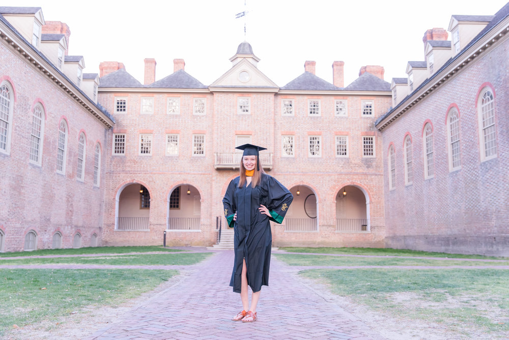 iconic graduate image in front of Wren Building for senior portraits at William and Mary