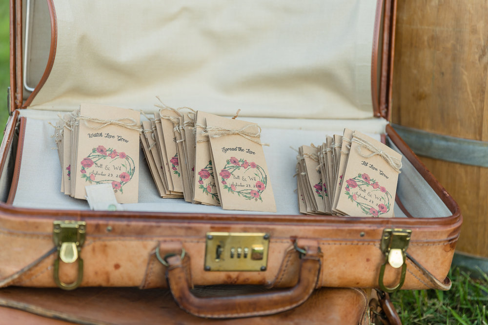 favors inside suitcase at wedding reception