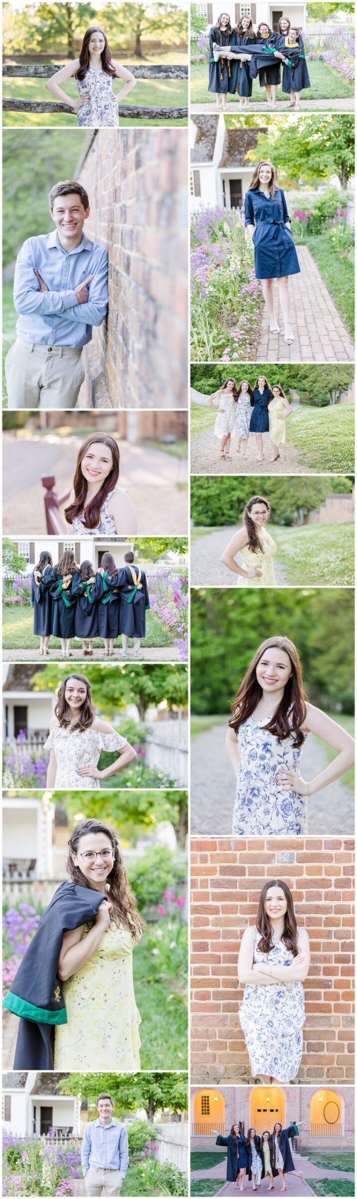collage of images from spring senior pictures in Colonial Williamsburg and William & Mary