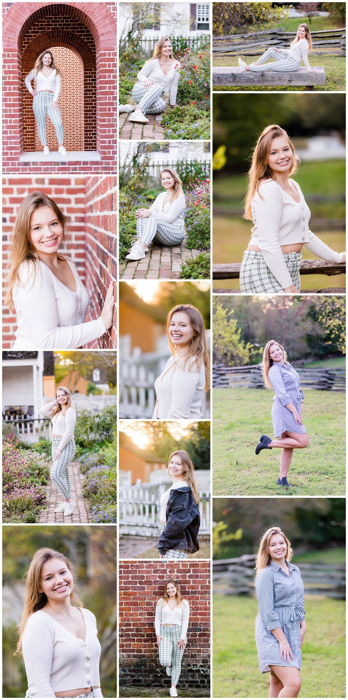 Collage of images of a gorgeous girl showing where to do senior photos in Williamsburg, VA