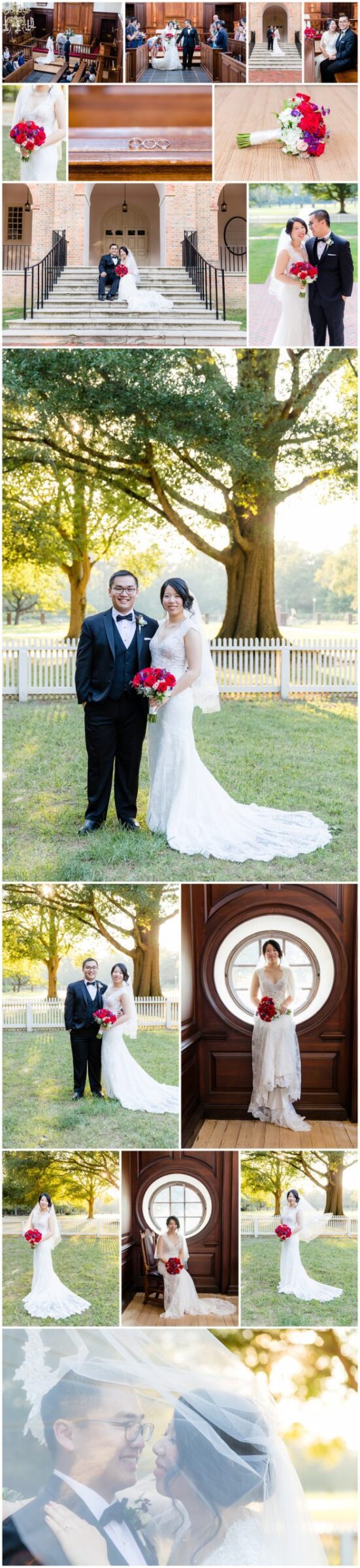 Collage of images at the Wren Building and campus for Wren Chapel William and Mary wedding