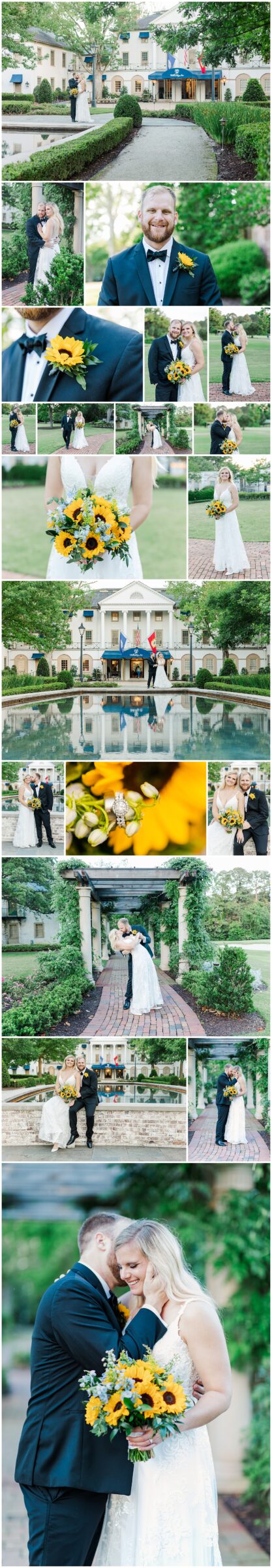 collage of images from Haley and Jacob's Colonial Williamsburg wedding, complete with sunflowers and dancing the night away at the Williamsburg Inn