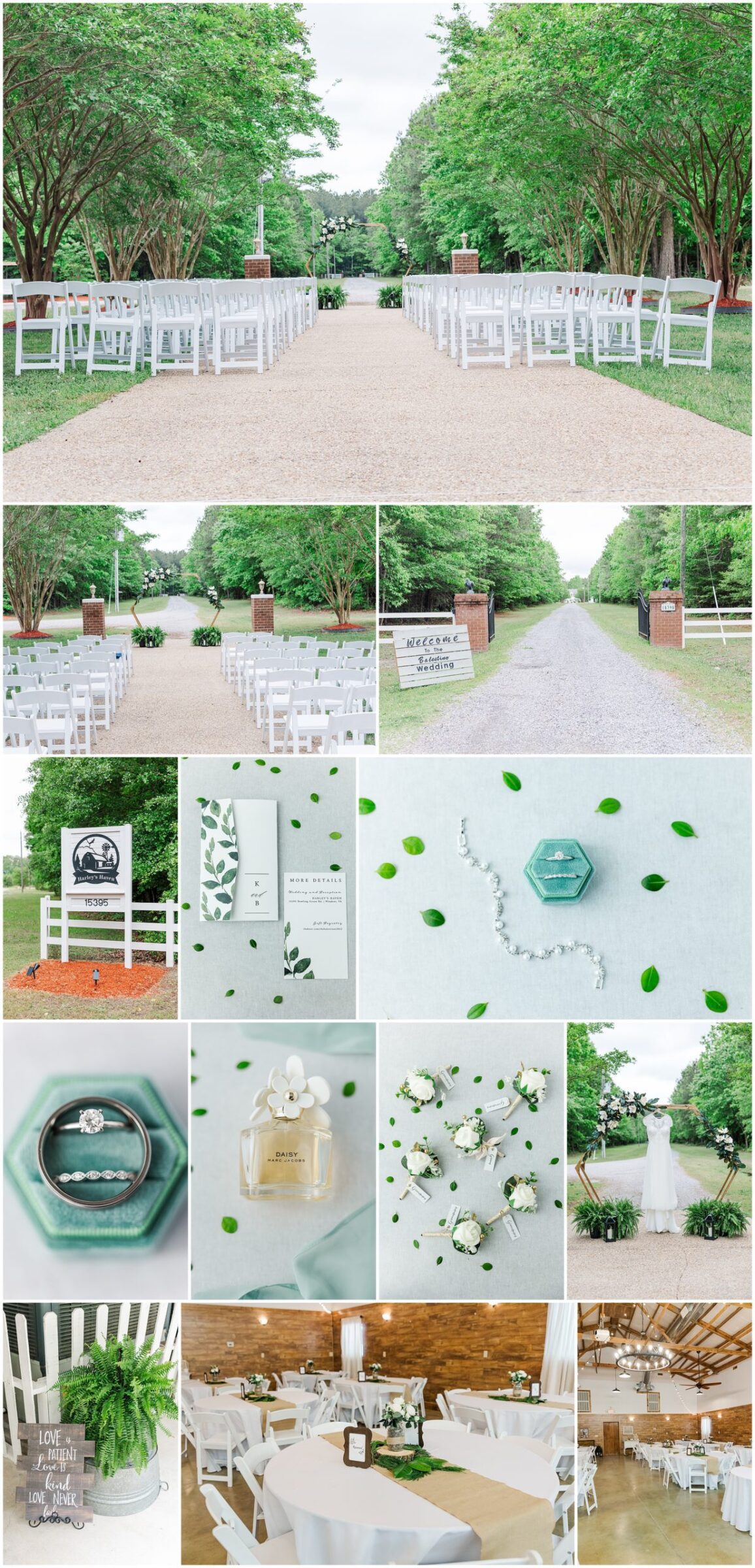 Venue and detail collage of Katelyn and Brandon's wedding day at Harley's Haven