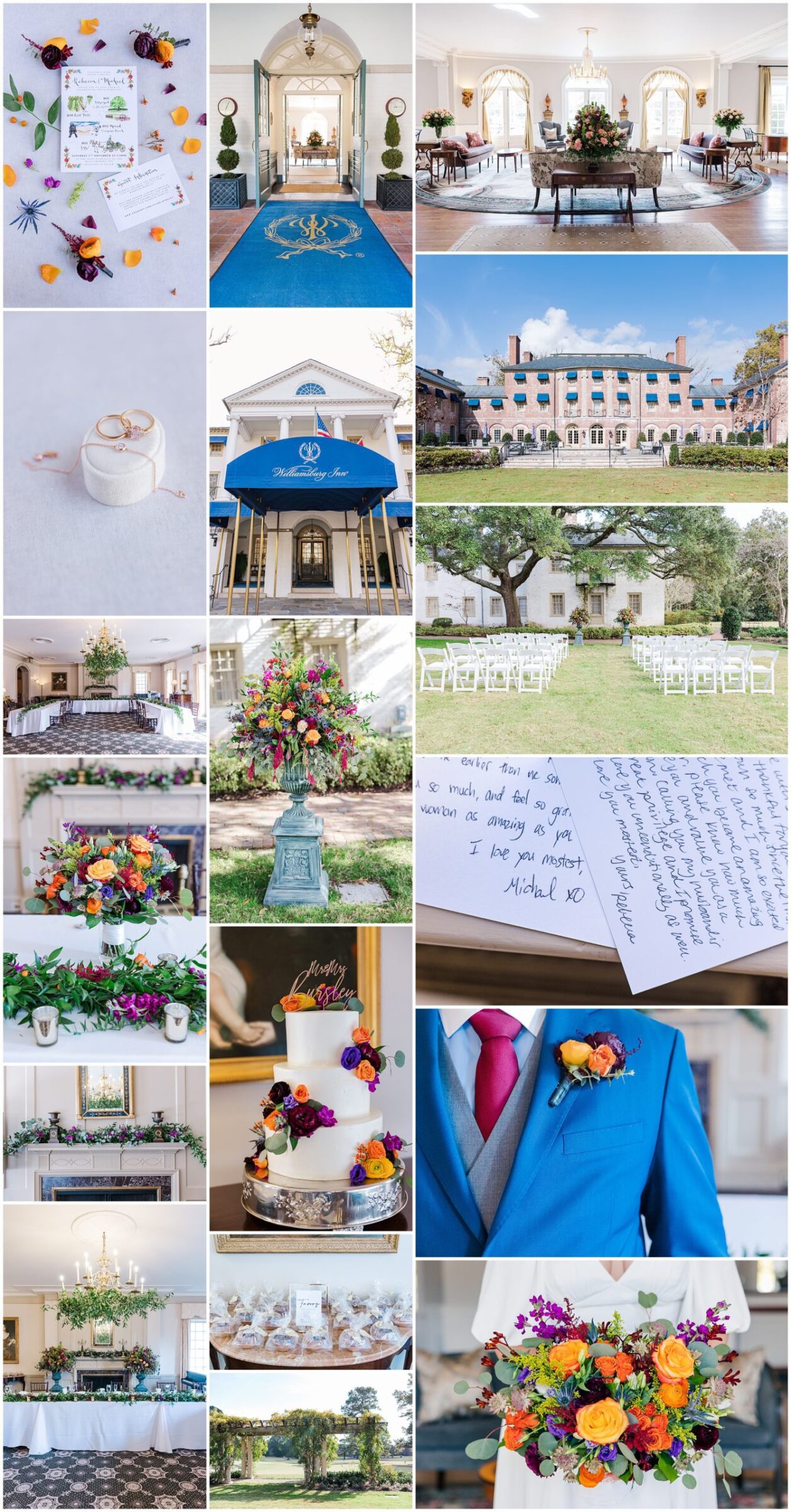 Colorful detail photos and venue pictures of the Williamsburg Inn for Rebecca and Michael's Fifes and Drum wedding