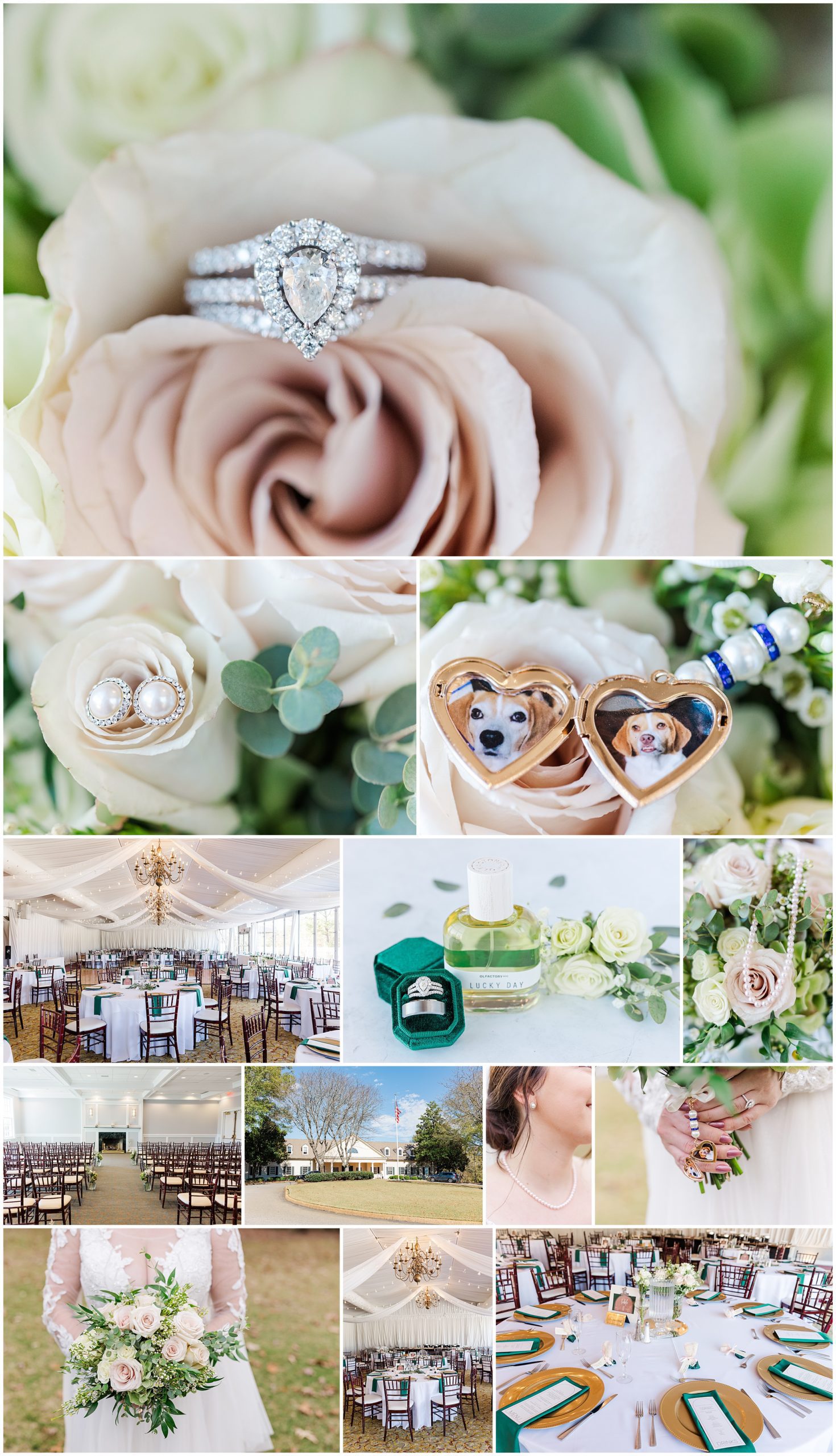 Collage of floral images, rings and the wedding venue at Ford's Colony in Williamsburg
