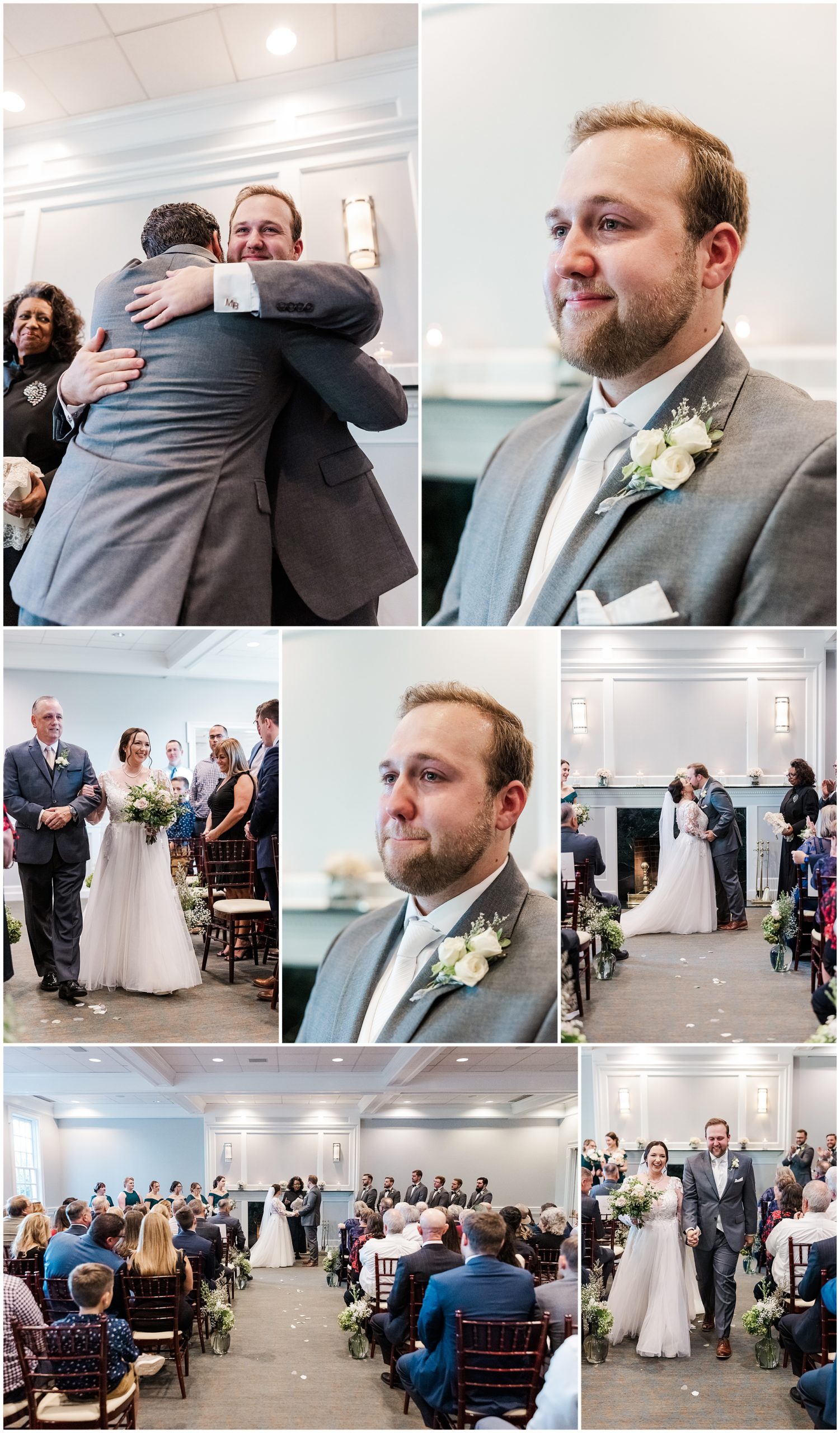 Ceremony image collage with groom's reaction tearing up for indoor wedding at Ford's Colony in Williamsburg