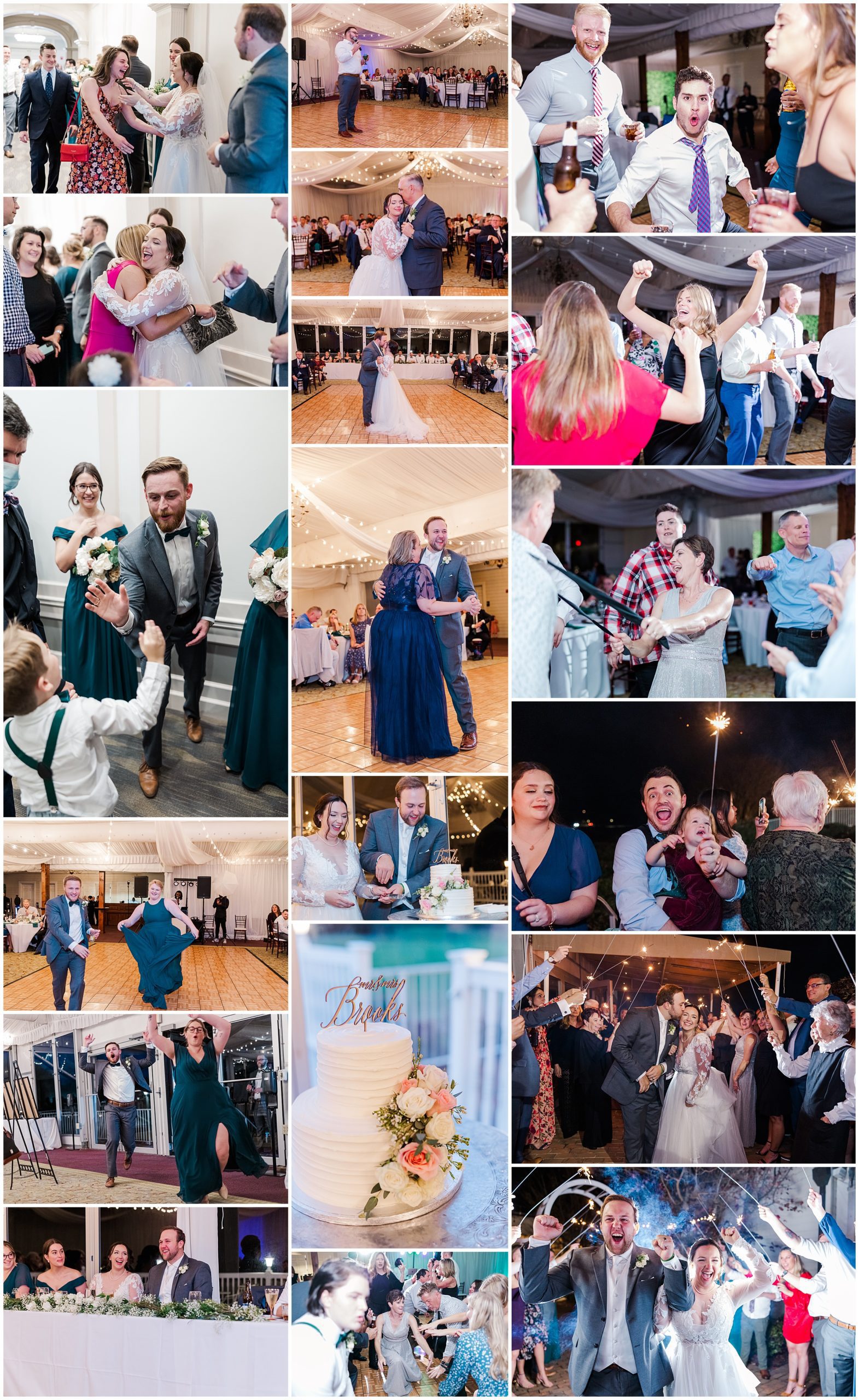 Collage of reception images with dancing and cake cutting before Leah and Michael's sparker send-off
