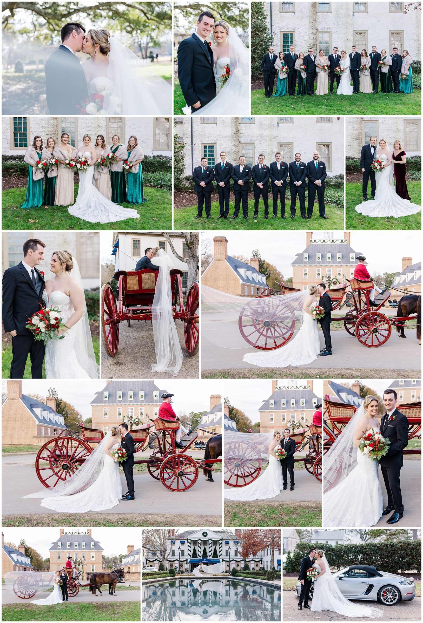 collage of portraits and horse and carriage ride in Colonial Williamsburg 