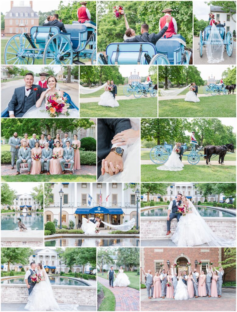portraits from Colonial Williamsburg weddings with carriage and venue 