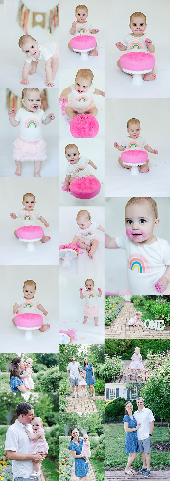 collage of images from hot pink cake smash and outdoor family session