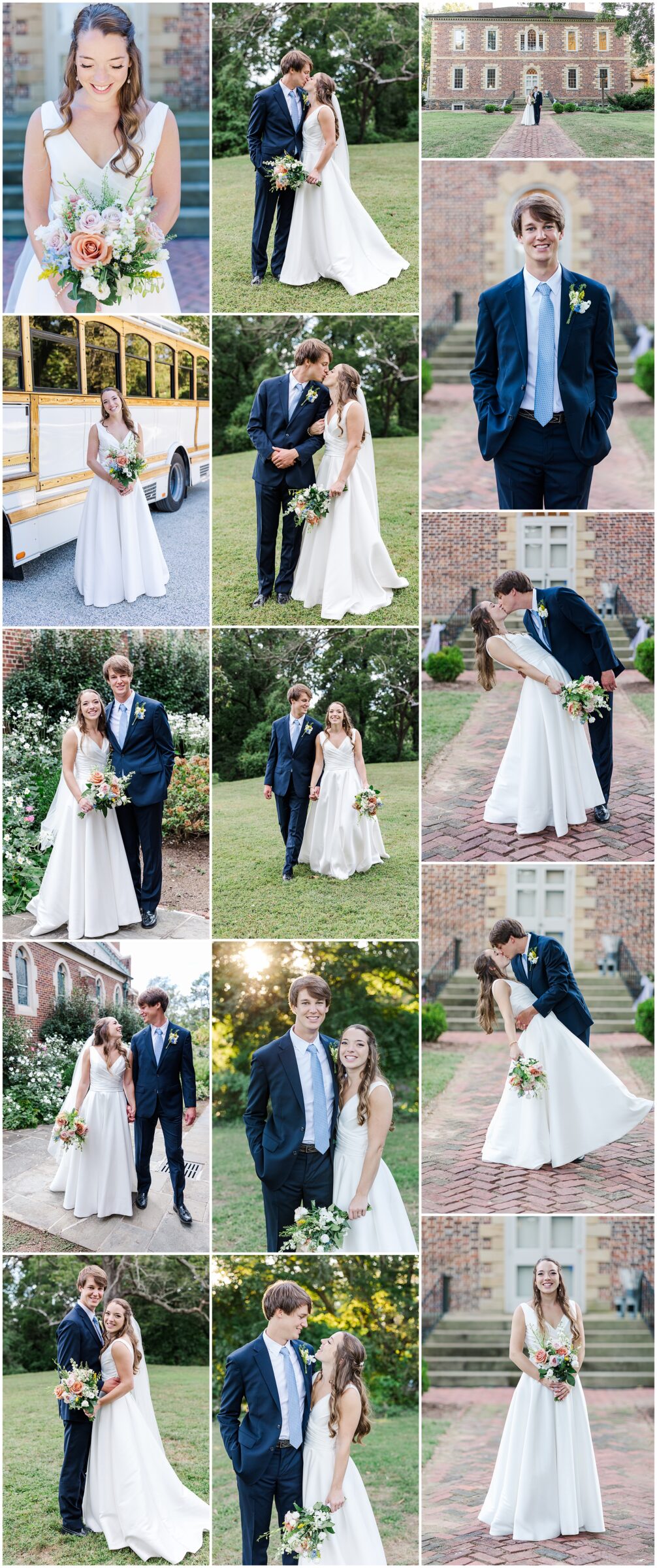 collage of bride and groom portraits outdoors by Richmond VA wedding photographer