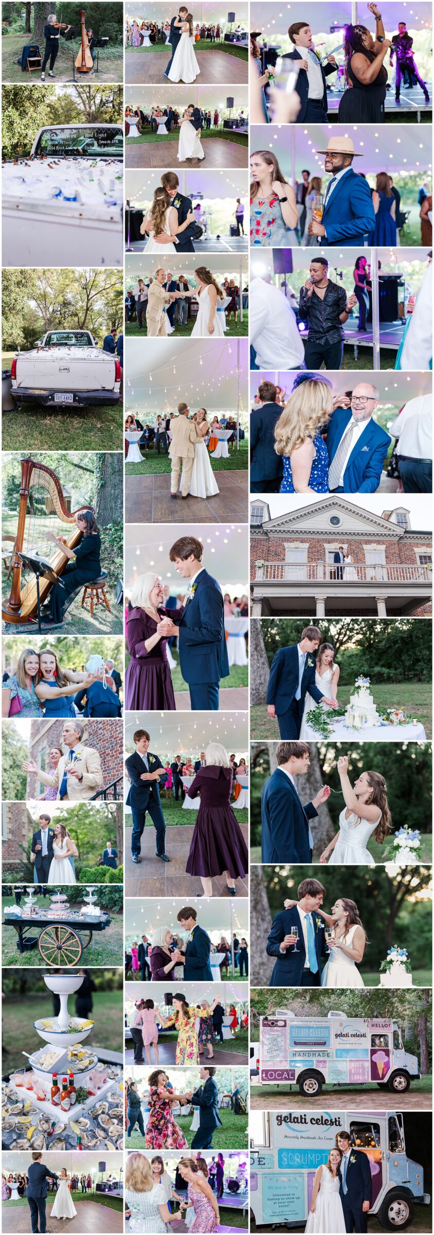 collage of fun reception images with tent in Richmond VA wedding