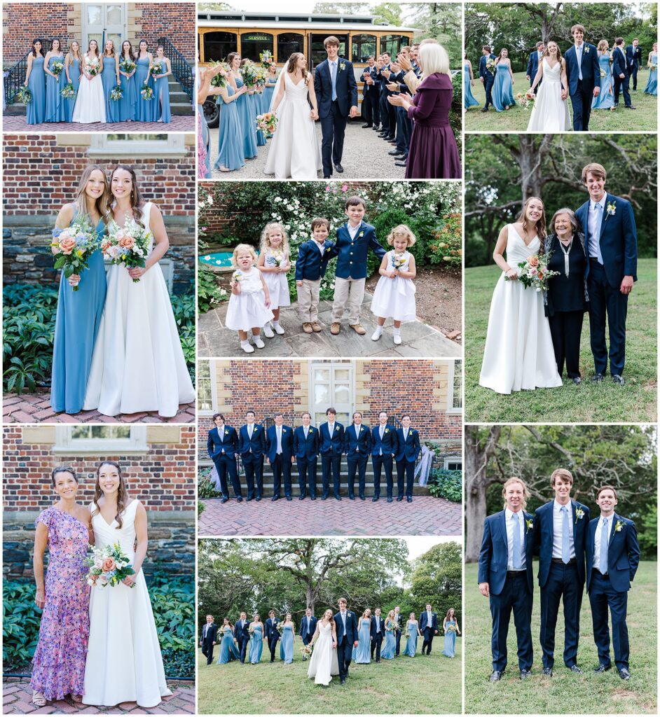 collage of wedding party in slate blue images