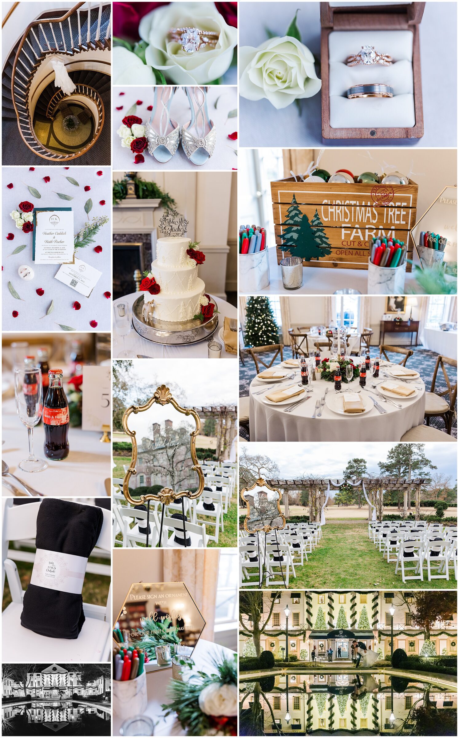 collage of wedding detail images with florals, rings, cake and venue
