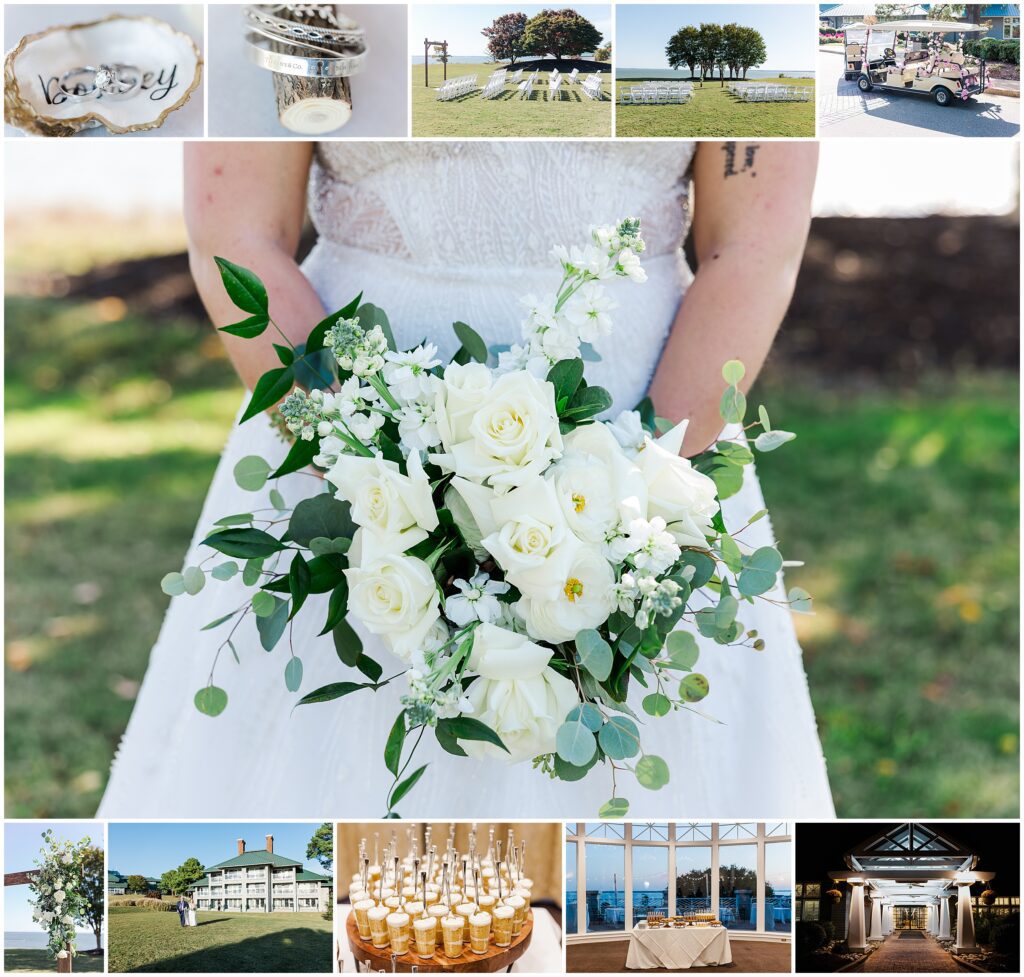 collage of images of rings and venue space for wedding with white florals