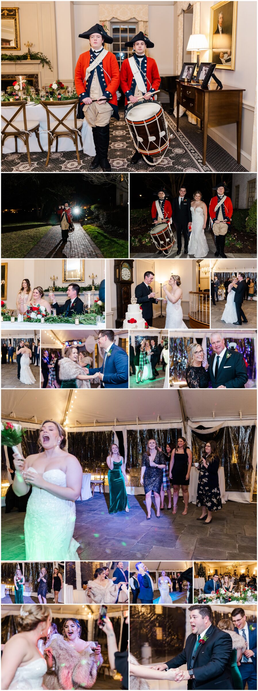 Reception collage with fifes and drum and friends dancing at Christmas wedding at Williamsburg Inn