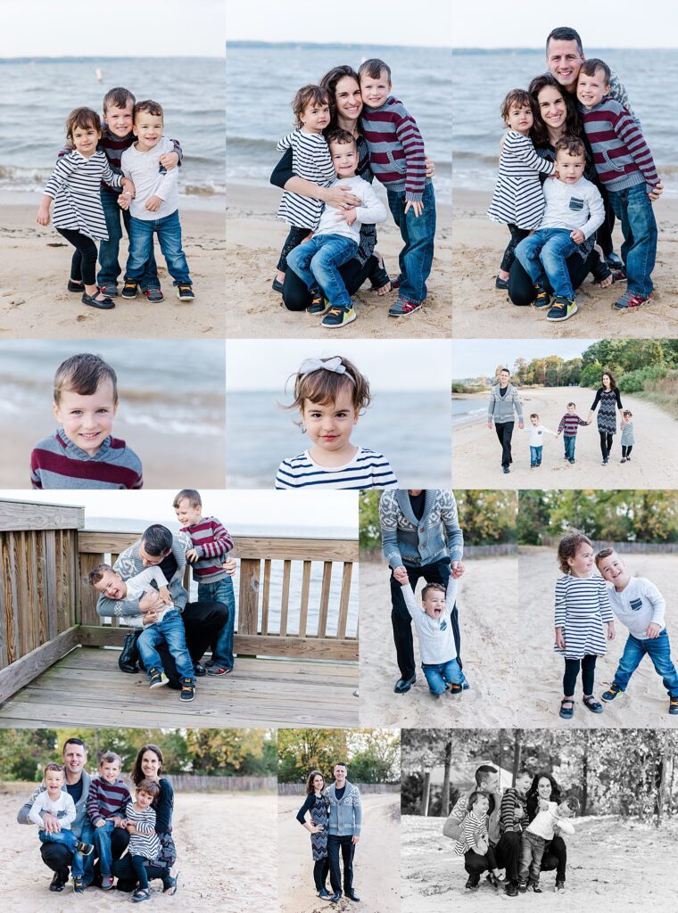 collage of images from sunrise session at Jamestown Beach by family photographer in Williamsburg, VA