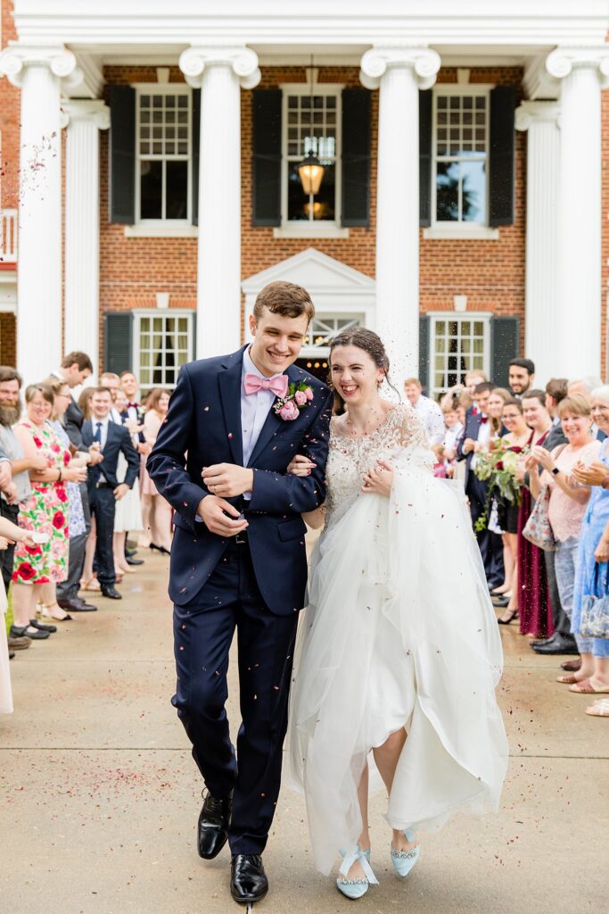 confetti exit outside Blackwell hall for Virginia wedding