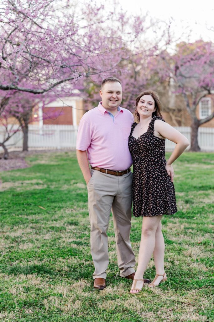 pink blooms for a spring engagement in Colonial Williamsburg