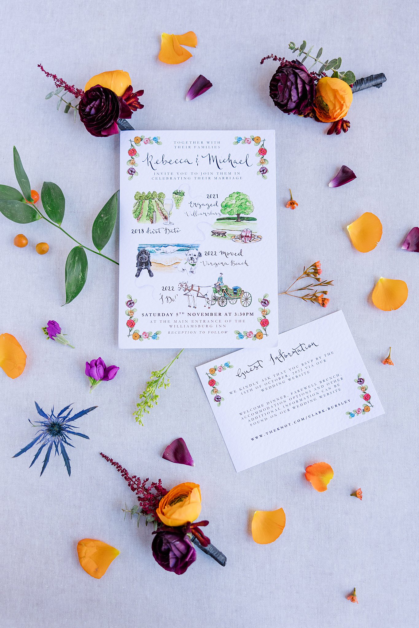 invitation suite flat lay wedding photography with orange florals