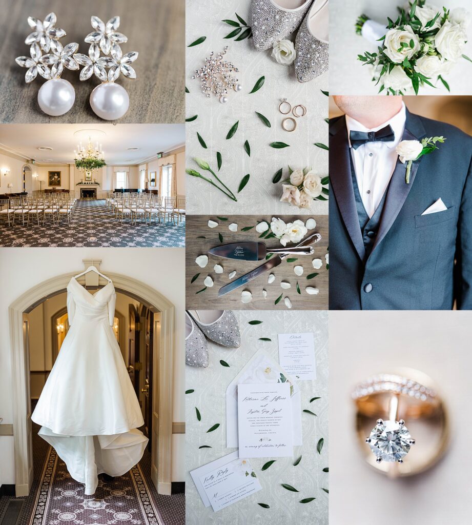 detail images of rings, jewelry, dress, and florals at Williamsburg Inn during a rainy wedding day