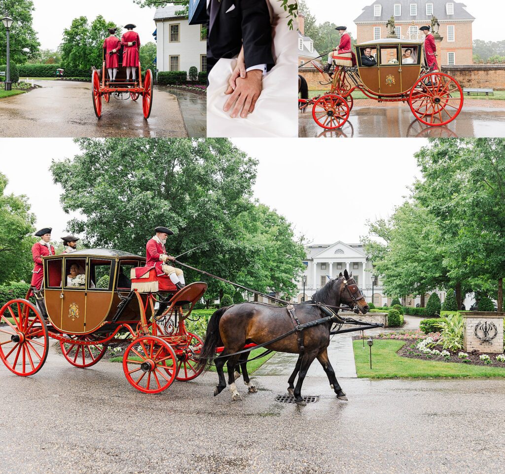 collage of images from a red carriage ride with horses in Colonial Williamsburg wedding