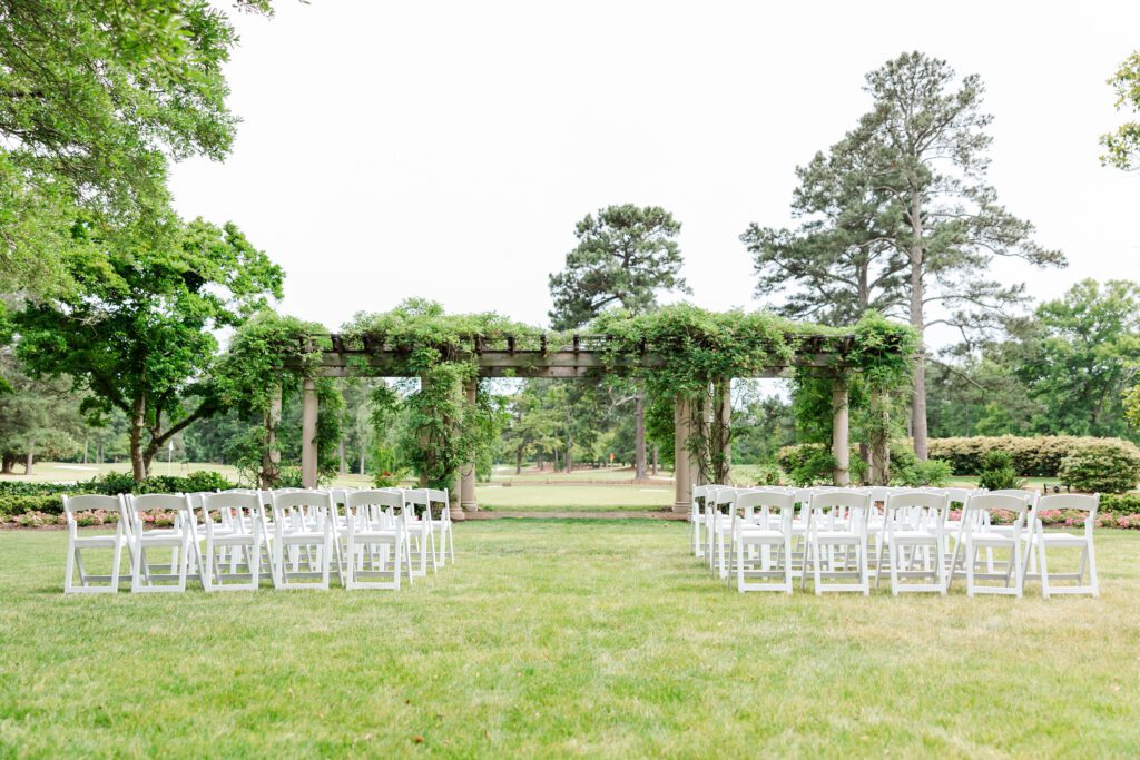 chairs on the Queen's Terrace for Liv and Anthony's destination wedding at the Williamsburg Inn