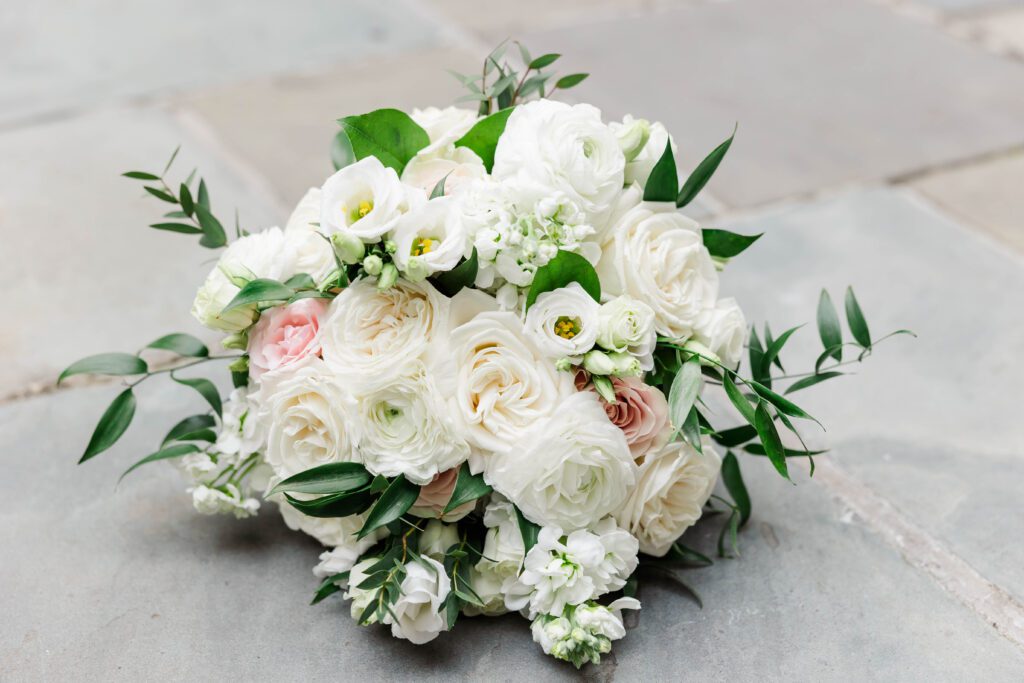 white and pink bouquet by destination wedding Williamsburg Inn floral designer