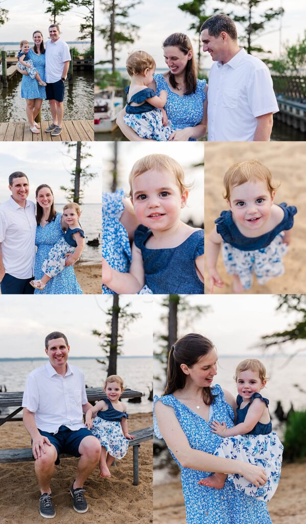 collage of images of family mini session on the James with family wearing blue in Williamsburg, VA