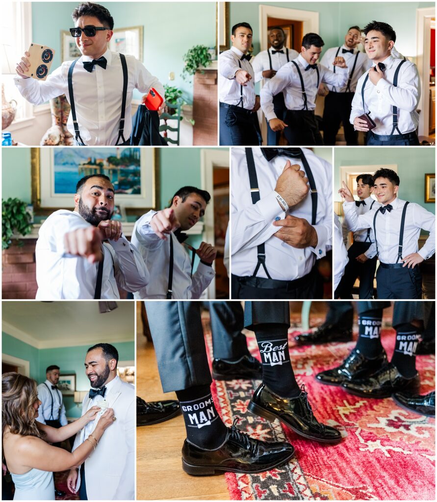 groomsmen dance and have fun getting ready at Williamsburg, VA Bed and Breakfast