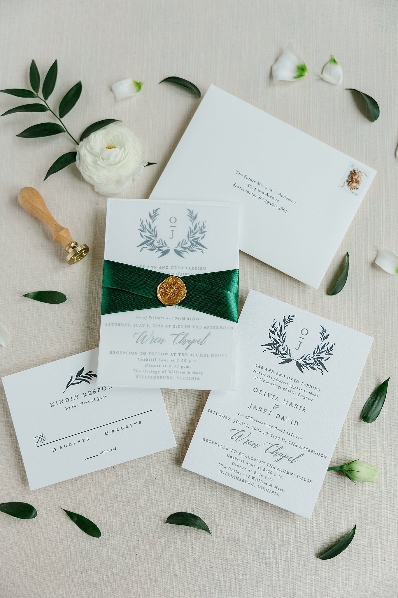 green and gold William and Mary invitation suite image