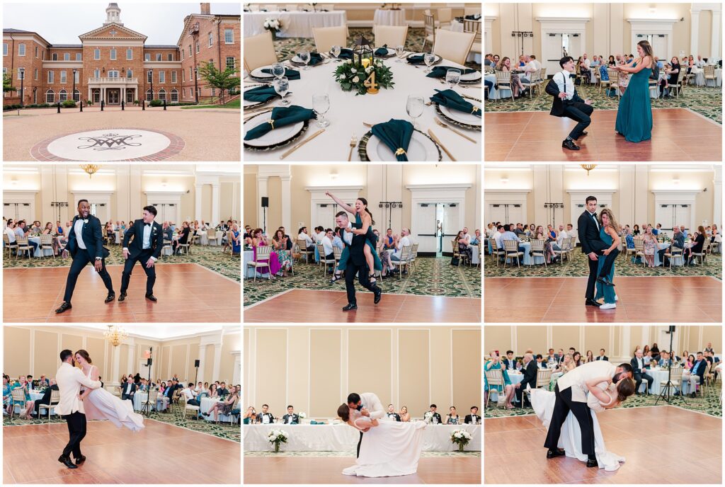 collage of images of reception dancing at William & Mary Alumni House Wedding