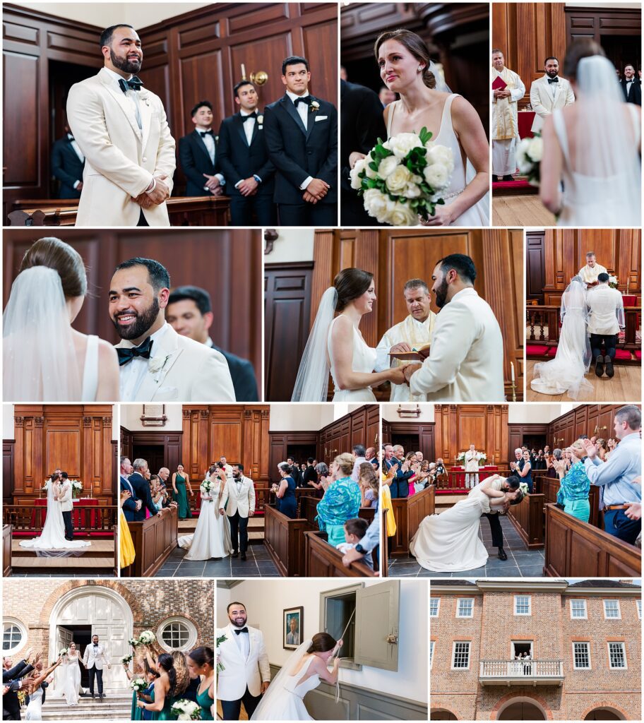 ceremony collage of images at Wren Chapel and William & Mary Alumni House Wedding