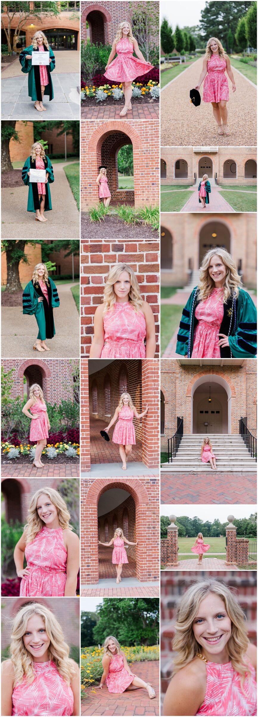 Collage of senior in pink dress at William & Mary Law School for senior photo session
