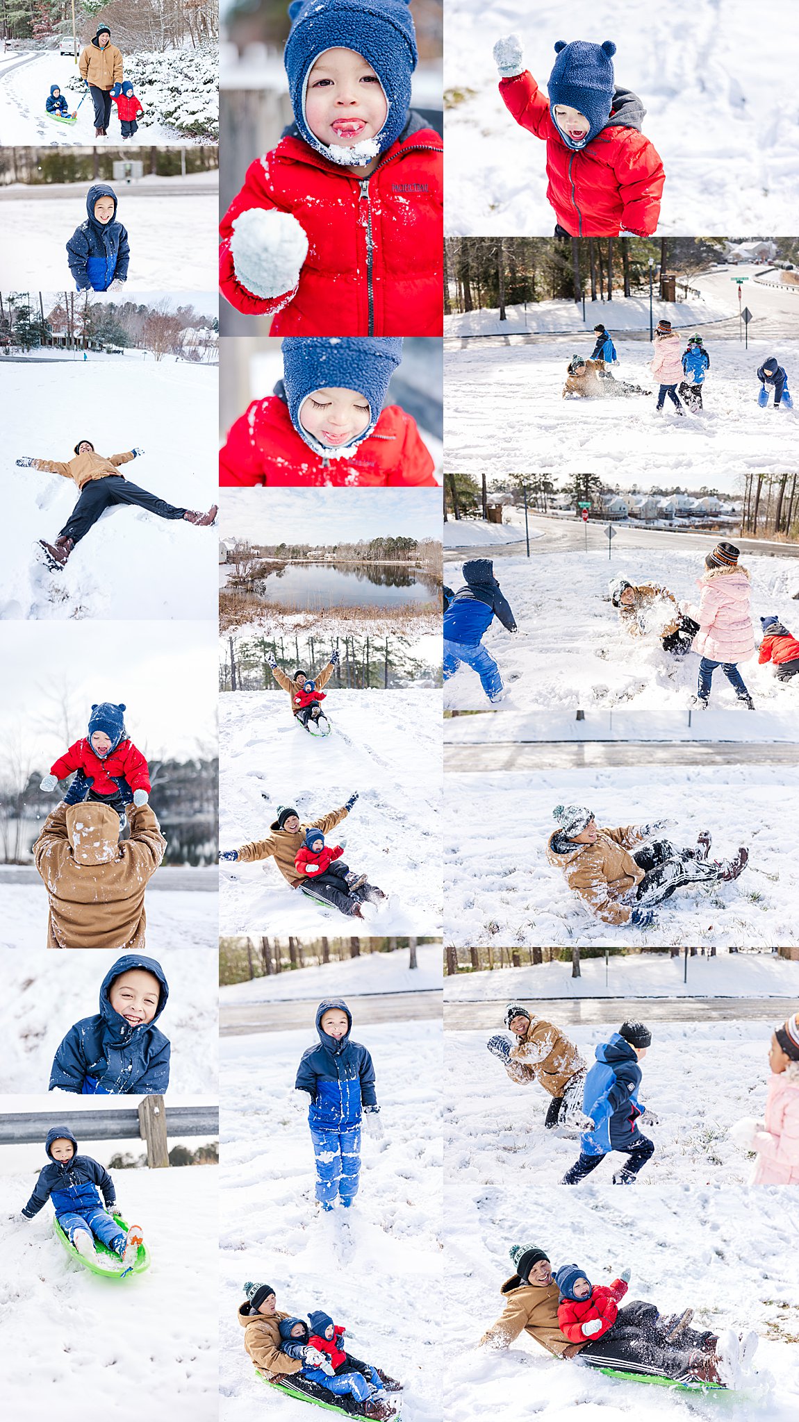collage of kids throwing snow balls and sledding during snow photo session