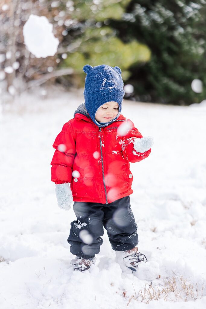 toddler gazing at snow during family photo session