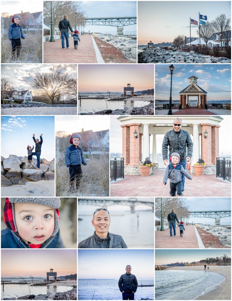 Collage of images of my husband and son at Yorktown Beach at sunset - the first session in my photography story where I felt like a professional.