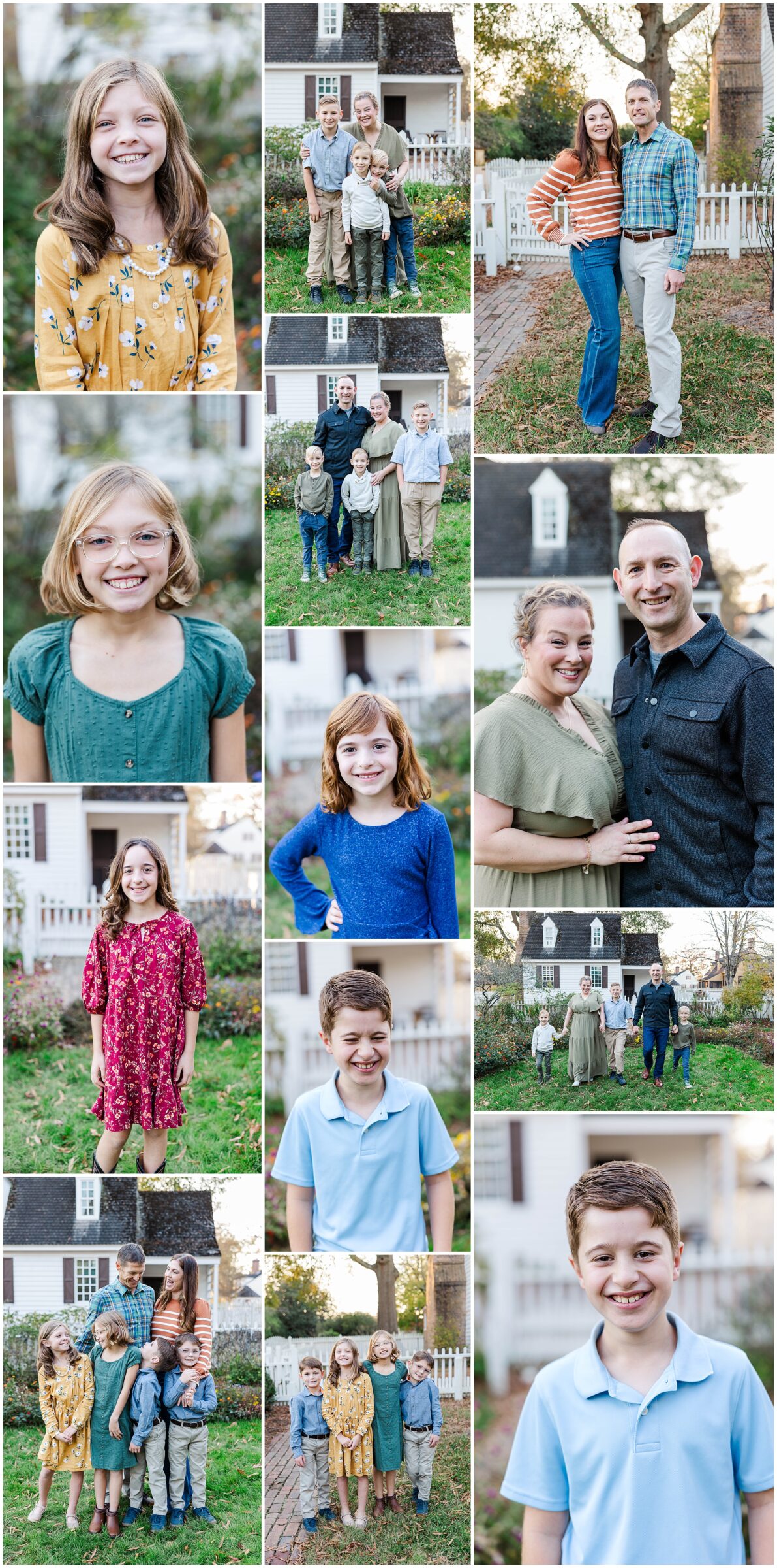 collage of colorful images of siblings and parents for fall family mini sessions day in Colonial Williamsburg