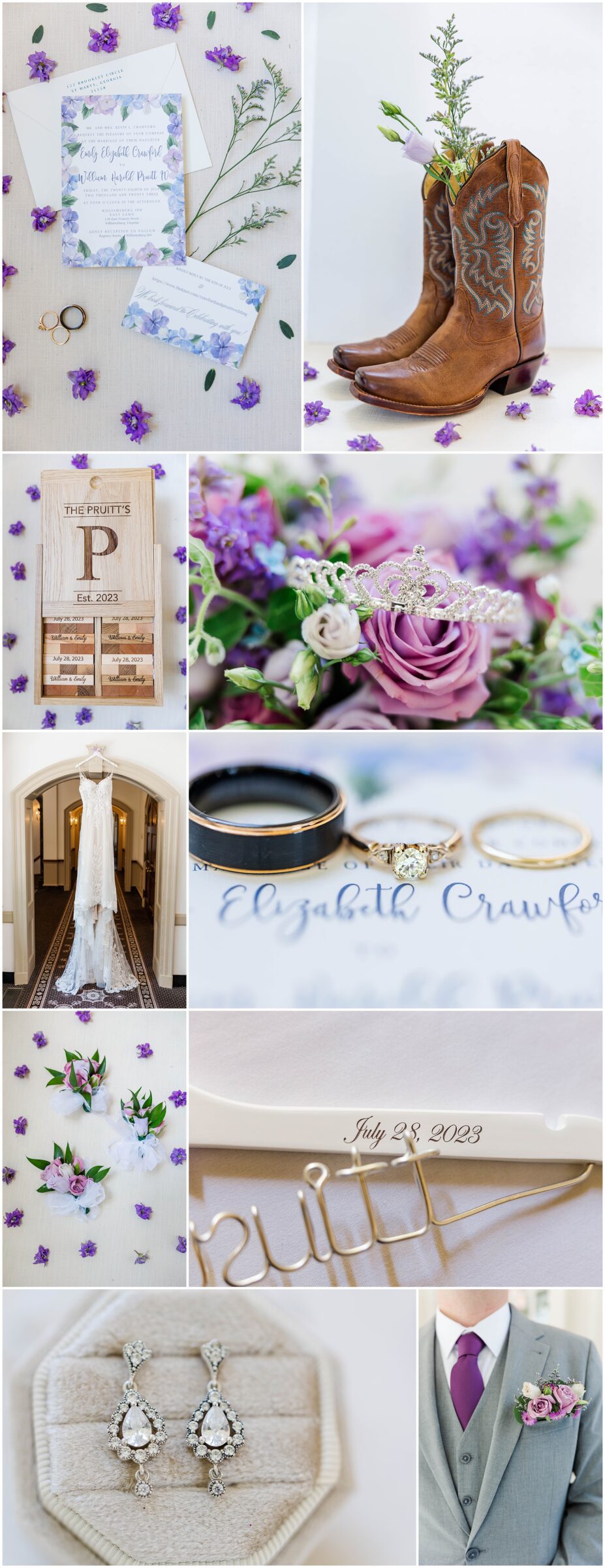 collage of purple wedding details at Williamsburg Inn wedding