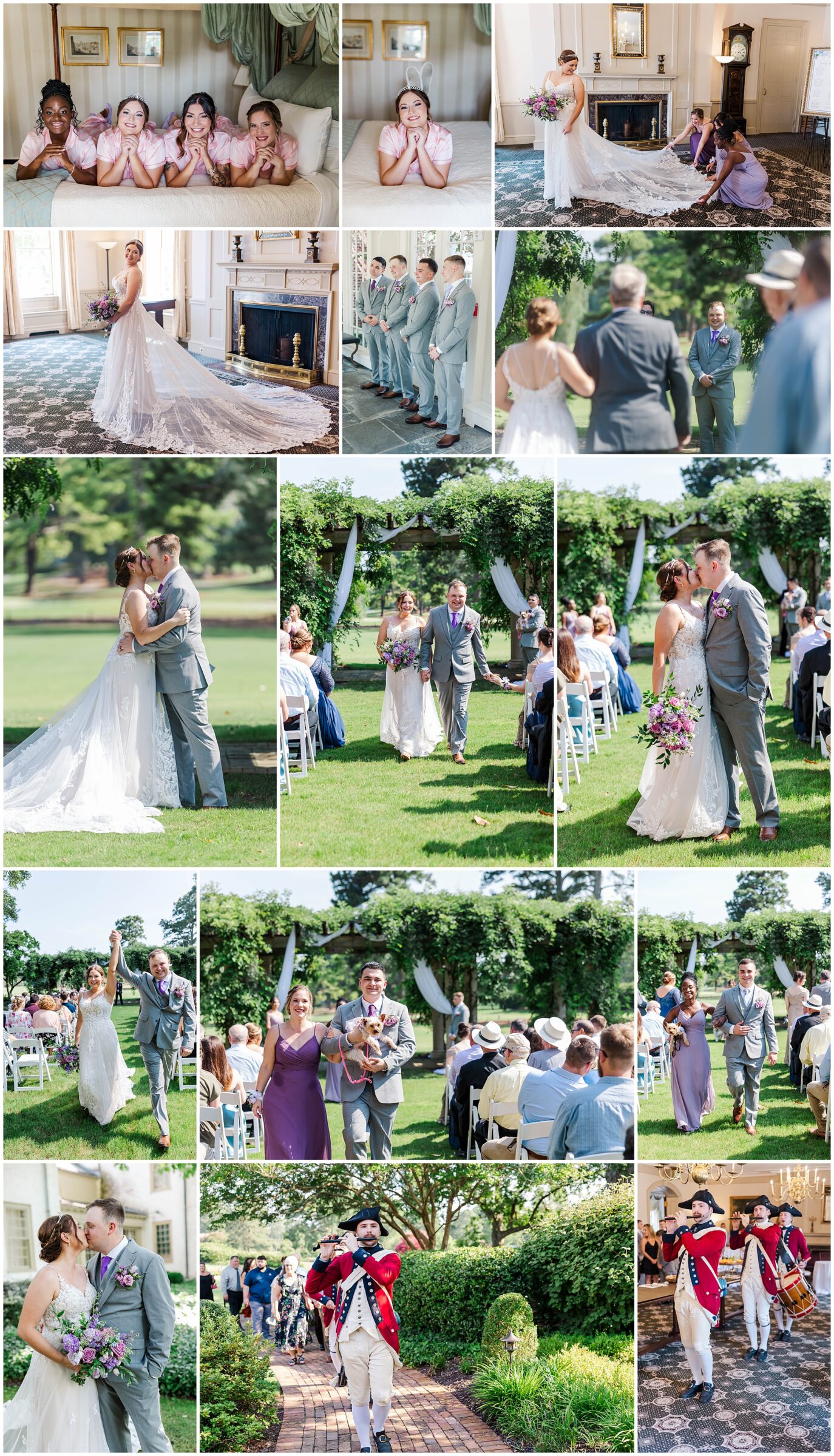 collage of getting ready and ceremony images at Colonial Williamsburg Resorts wedding