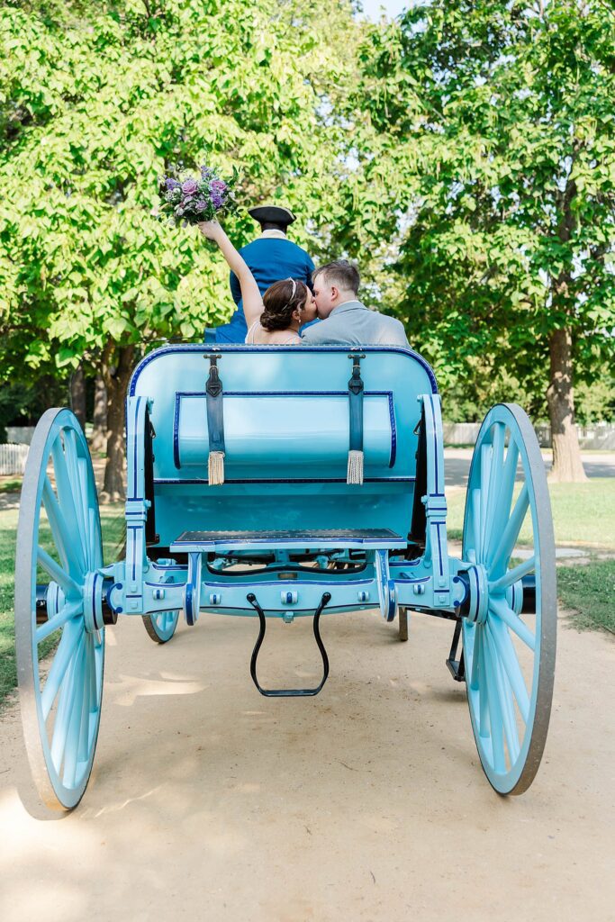 blue fairy tale carriage ride for summer wedding in Williamsburg 