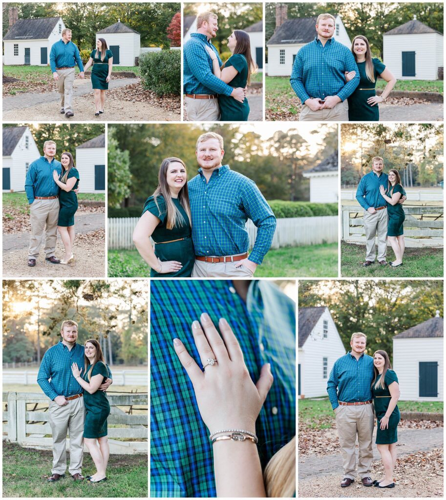 collage of images from a couple's golden hour engagement photos at Bassett Hall in Williamsburg 
