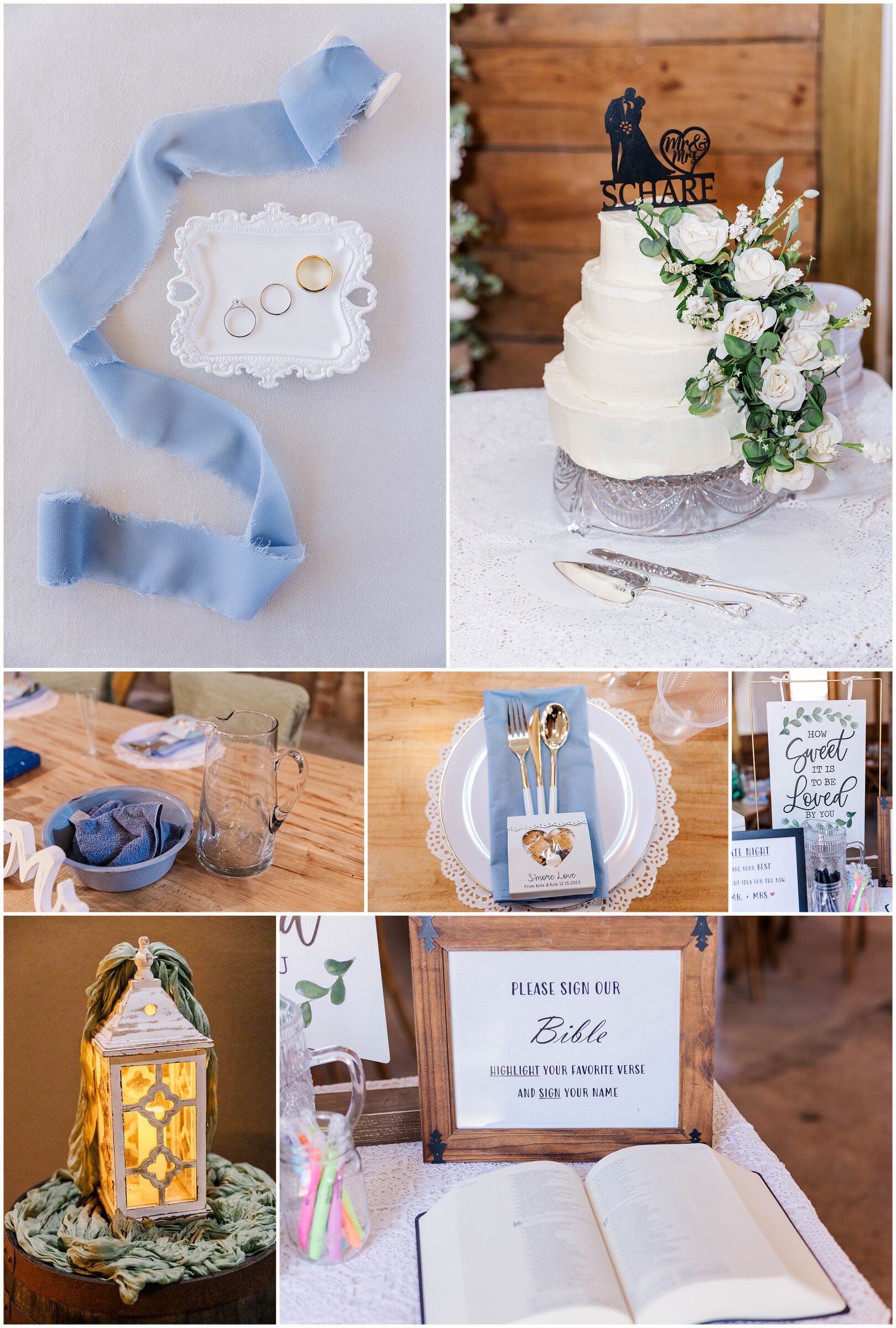 collage of baby blue colors and pitcher for foot washing at your wedding