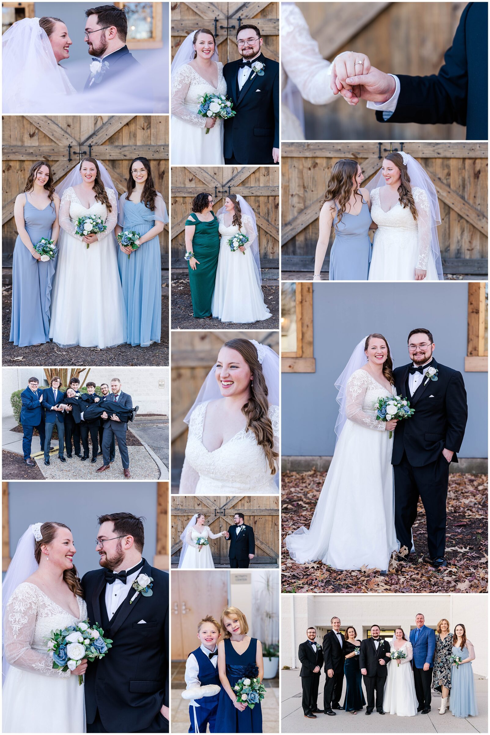 collage of couples' portraits at the Barn for Kate and Kyle's VA Beach Wedding