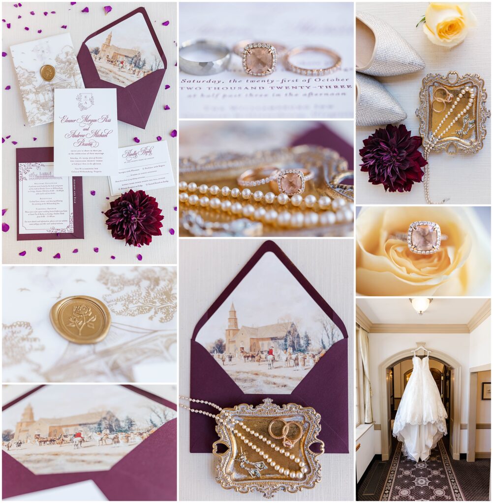 collage of gold and purple hue details for regal Williamsburg Inn weddings