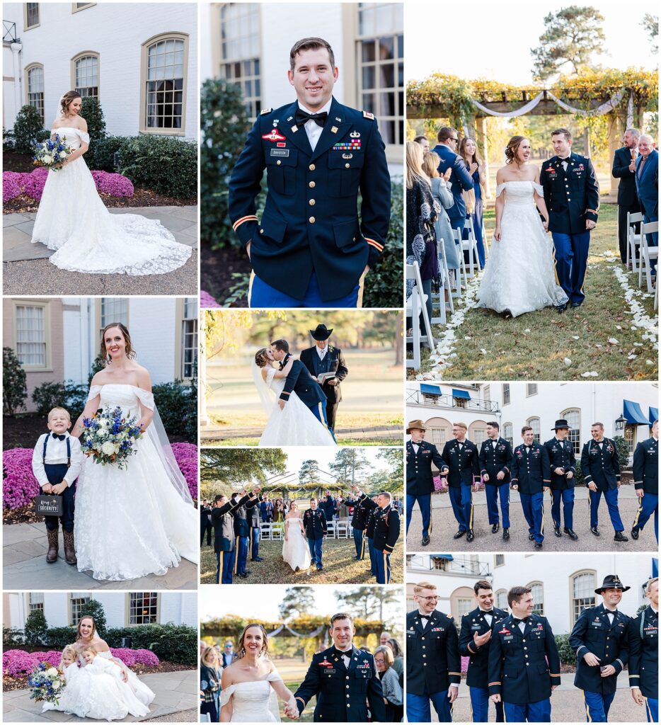 A collage of images of your ceremony with blue florals and army swords is perfect for telling your love story!