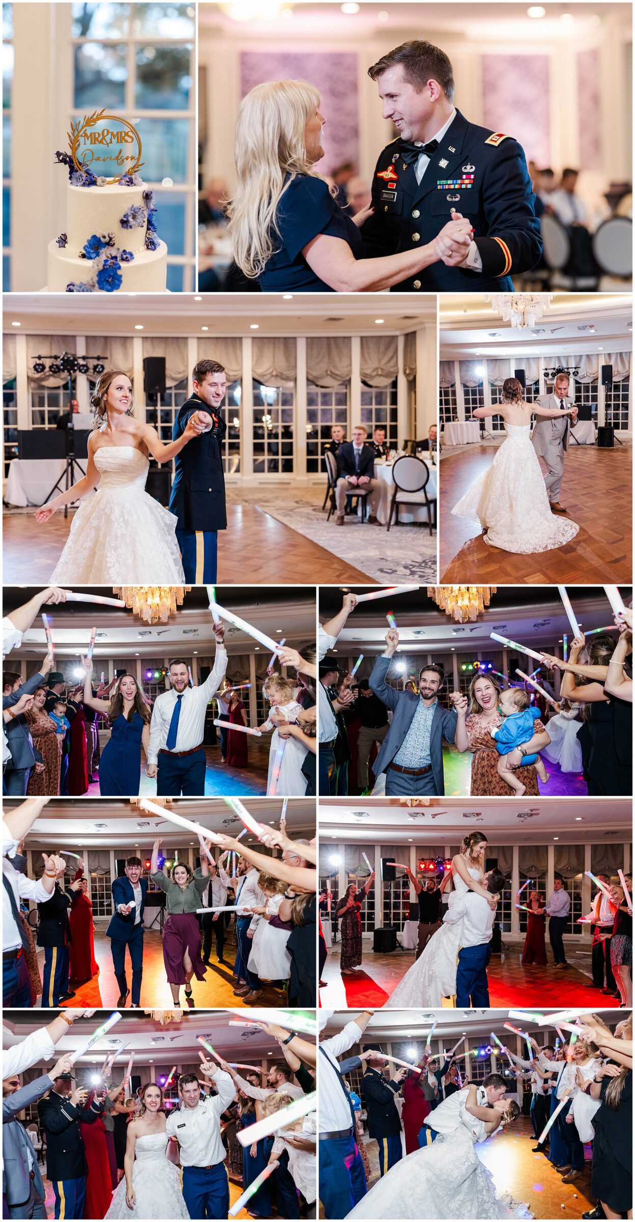 collage of reception images with special dancing and glow sticks for telling your love story in Williamsburg, VA