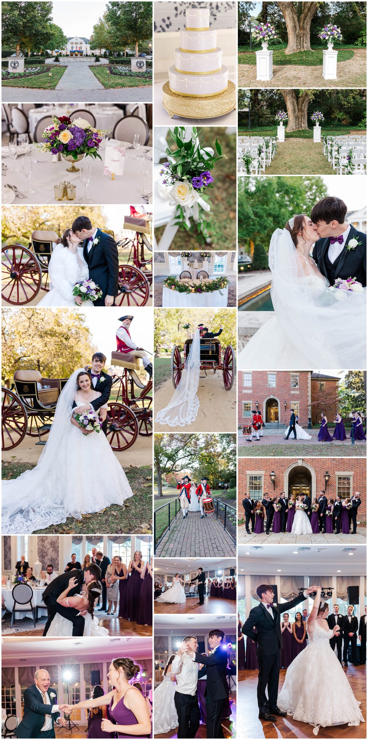 Collage of ceremony and reception images for Elle and Andrew at one of our fall Williamsburg Inn weddings