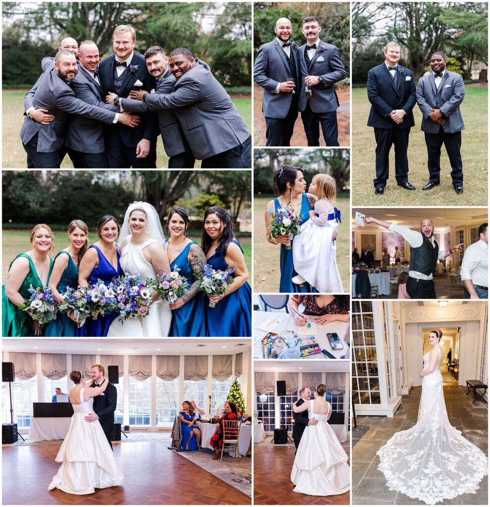 collage of fun post-ceremony images after Williamsburg Inn wedding