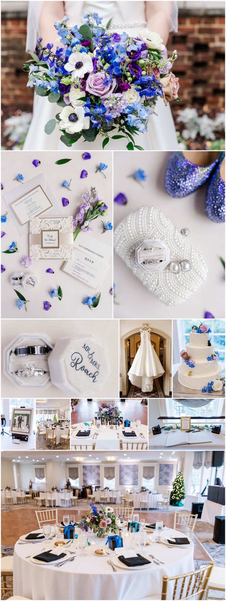 purple and blue bouquet with accents for collage of Colonial Williamsburg wedding details
